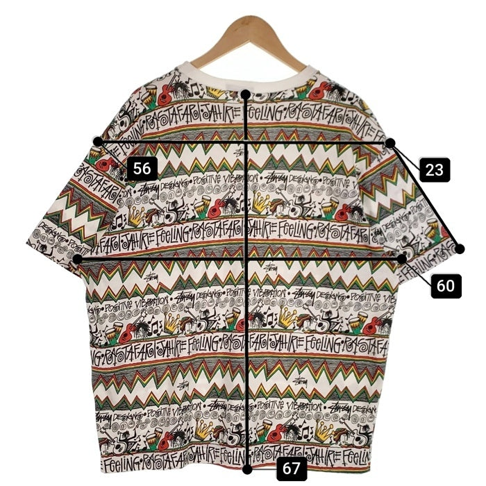 80's STUSSY ステューシー IRIE BAND 総柄 オーバープリント ポケットTシャツ ラスタ ホワイト 黒タグ USA製 Size L 福生店