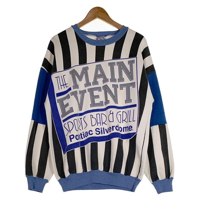 90's THE MAIN EVENT SPORTS BAR & GRILL Pontiac Silverdome シルバードーム スタジアム プリント クルーネックスウェットトレーナー ストライプ ホワイト ブルー USA製 Size M 福生店