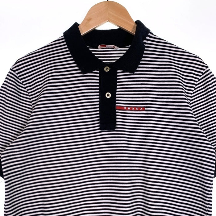 PRADA SPORT プラダスポーツ 鹿の子 ボーダーポロシャツ 半袖 ブラック ホワイト コットン SJJ888 2011 Size M 福生店
