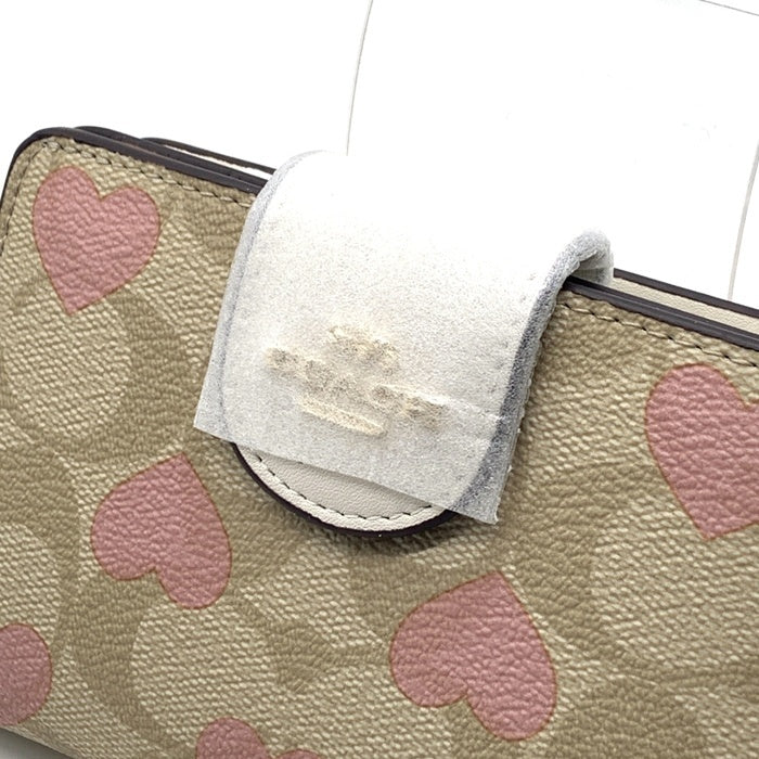 COACH コーチ CQ146 シグネチャー 二つ折り財布 ハートプリント ベージュ ホワイト ピンク 福生店