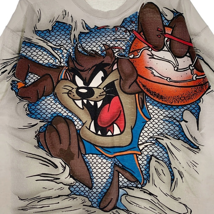 90's LOONEY TUNES ルーニー・テューンズ MONSTER SLAM プリントTシャツ タズマニアンデビル 袖裾ダブル ホワイト 1996コピーライト Size XL 福生店