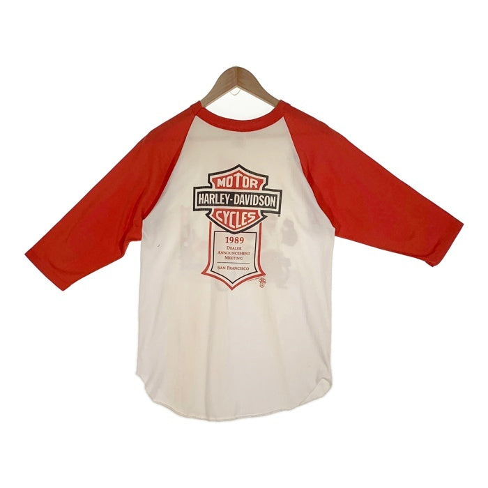 80's HARLEY-DAVIDSON ハーレーダビッドソン プリント ラグランスリーブカットソー 七分袖 ホワイト レッド USA製 Size L 福生店