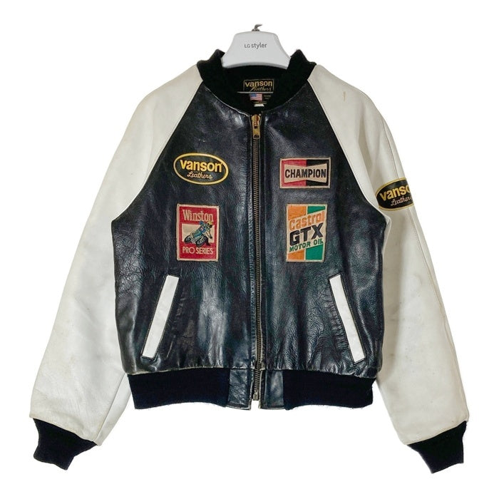 VANSON バンソン TJV USA製 後付けワッペン レザー チームジャケット ブラック×ホワイト size42 瑞穂店
