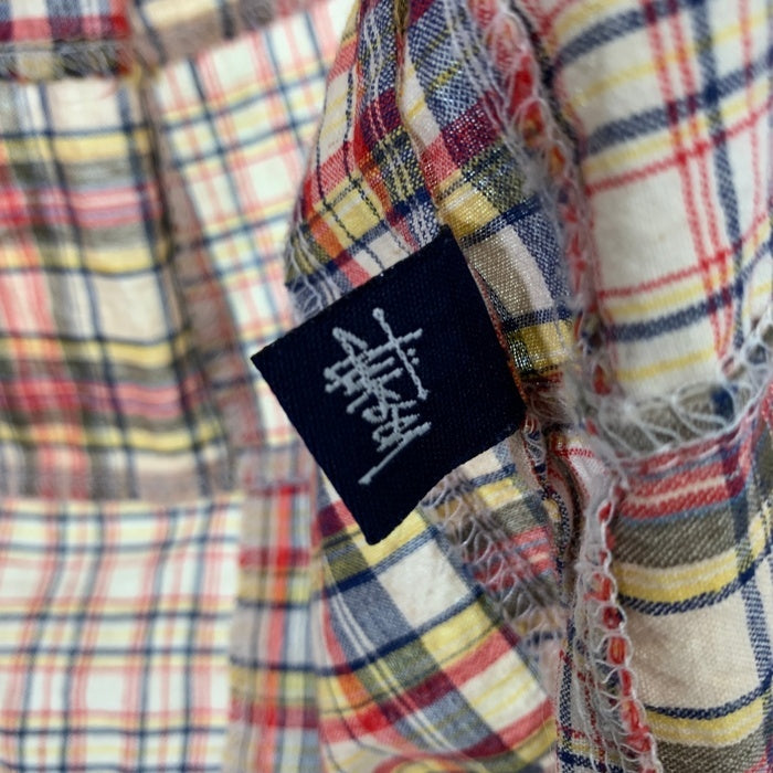 90's STUSSY ステューシー コットン パッチワークチェックシャツ 長袖 ドラゴン刺繡 マルチ インド製 紺タグ Size L 福生店