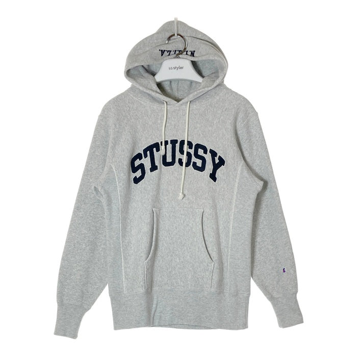 STUSSY ステューシー × Champion チャンピオン カレッジロゴ リバースウィーブ パーカー グレー sizeS ※前身頃お汚れ 瑞穂店