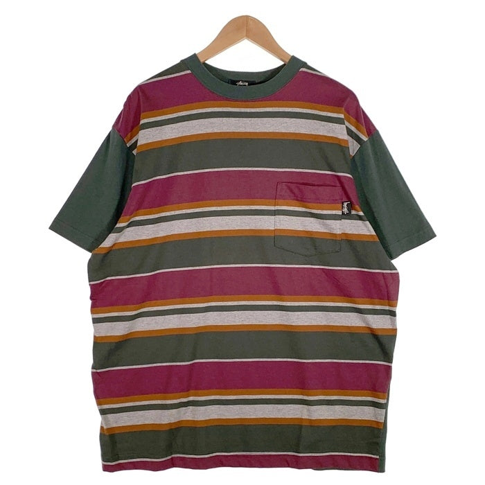 80's STUSSY ステューシー マルチボーダー ポケットTシャツ グリーン 片面 USA製 黒タグ Size L 福生店
