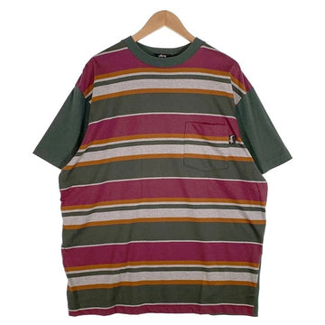 80's STUSSY ステューシー マルチボーダー ポケットTシャツ グリーン 片面 USA製 黒タグ Size L 福生店