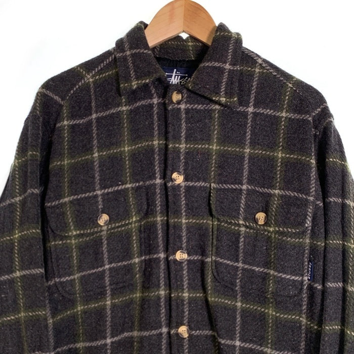 90's STUSSY ステューシー ウールチェックシャツ 長袖 グレー グリーン 紺タグ 厚手 Size M 福生店