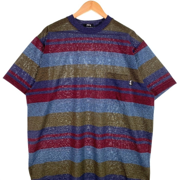 80's STUSSY ステューシー マルチボーダー ポケットTシャツ ネイビー USA製 黒タグ Size XL 福生店