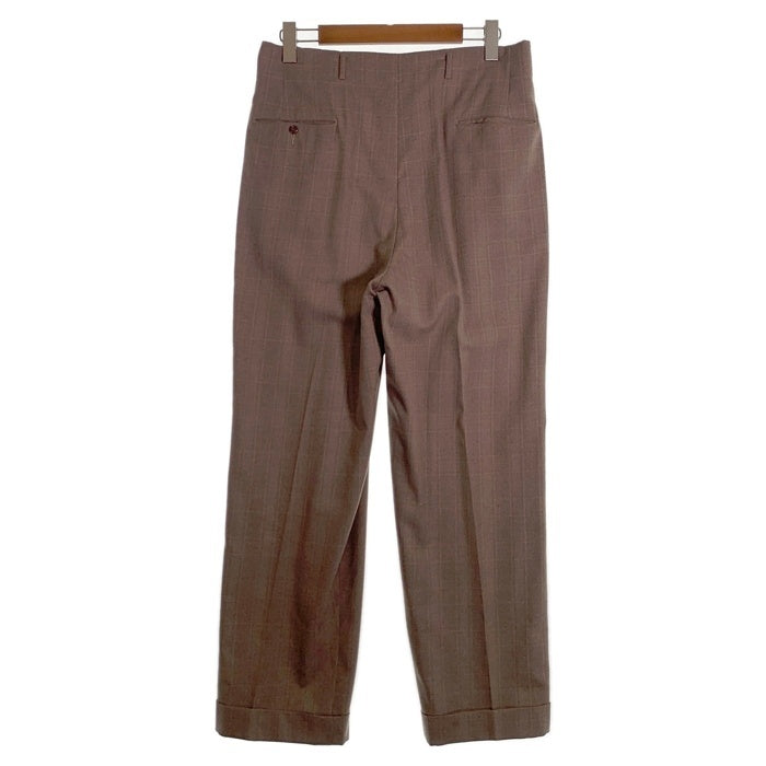 40-60's ウールチェック 2タックスラックス トラウザー ブラウン ワイド アルミCOMMAR 猫目ボタン Size 86cm 福生店
