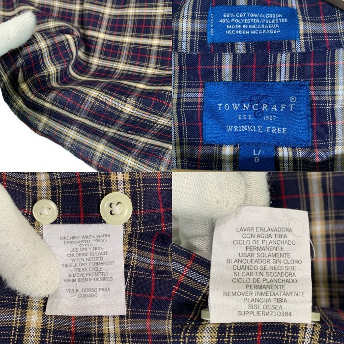 80's TOWNCRAFT タウンクラフト ボタンダウンチェックシャツ コットンポリ ネイビー Size L 福生店