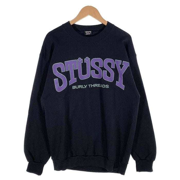 80-90's STUSSY ステューシー BURLY THREADS 両面プリント クルーネックスウェットトレーナー ブラック USA製 オールド Size L 福生店