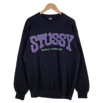 80-90's STUSSY ステューシー BURLY THREADS 両面プリント クルーネックスウェットトレーナー ブラック USA製 オールド Size L 福生店