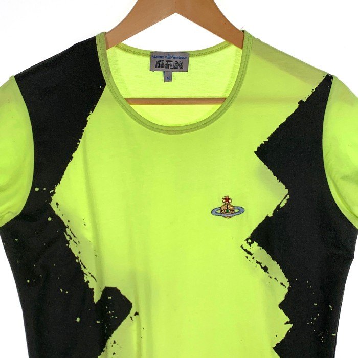 Vivienne Westwood MAN ヴィヴィアンウエストウッドマン オーブ刺繡 プリントTシャツ フレンチスリーブ 蛍光イエロー Size M 福生店