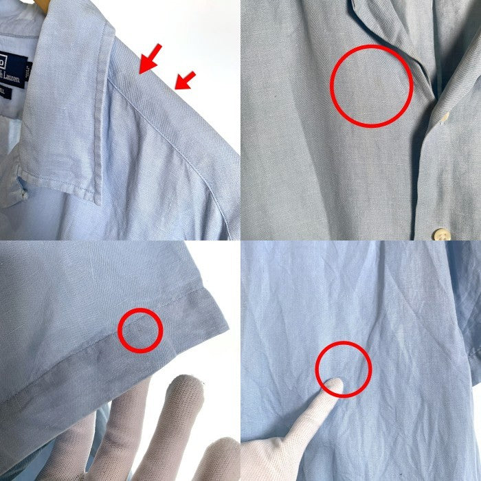 90`s Polo Ralph Lauren ポロ ラルフローレン CALDWELL リネン シルク オープンカラーシャツ 半袖 ライトブルー 裾ポニー刺繡 Size L 福生店