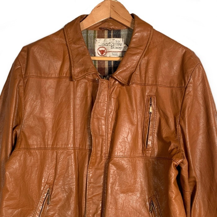 80's Sears シアーズ ジップアップ レザージャケット ブラウン 裾リブ ウールチェックライナー Size 44 X-TALL 福生店