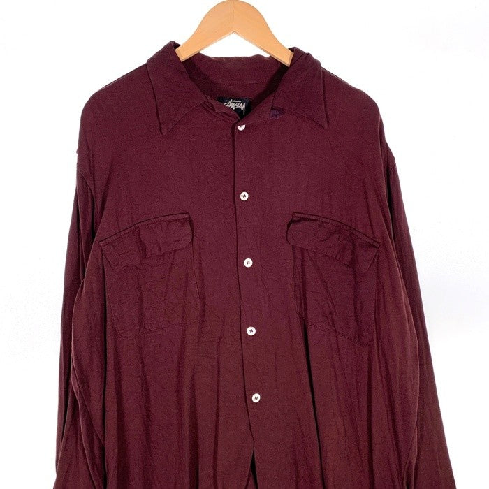 80's STUSSY ステューシー オープンカラーレーヨンシャツ 長袖 プレーン ボルドー USA製 黒タグ Size L 福生店