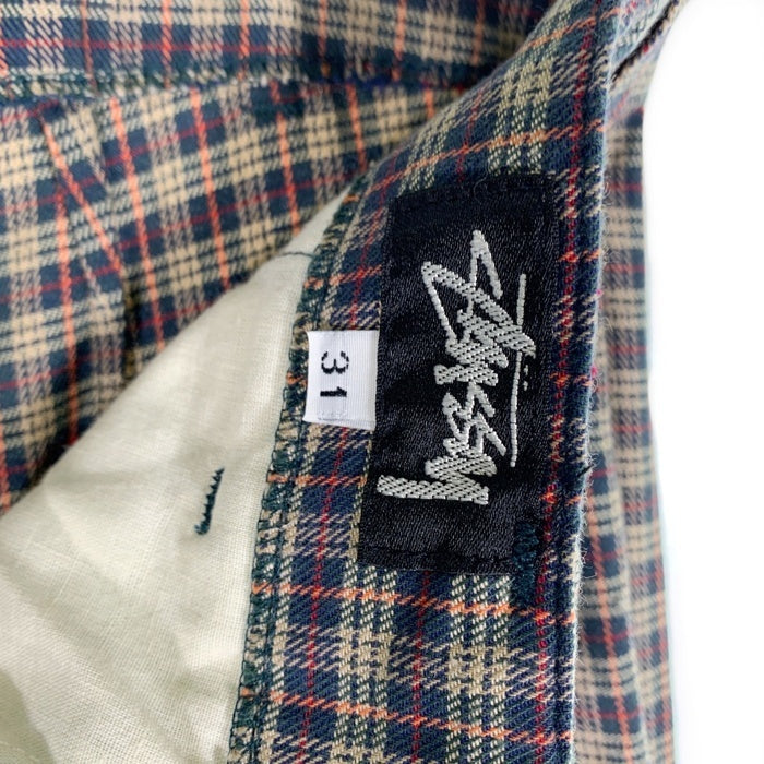 80's STUSSY ステューシー コットン チェック柄 1タックスラックス パンツ ベージュ ネイビー USA製 黒タグ Size 31 福生店