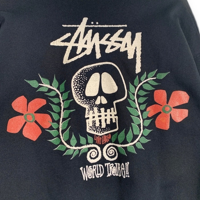 80's STUSSY ステューシー WORLD TRIBE Skull Crest スカルフラワープリント クルーネックスウェットトレーナー ブラック USA製 黒タグ Size L 福生店