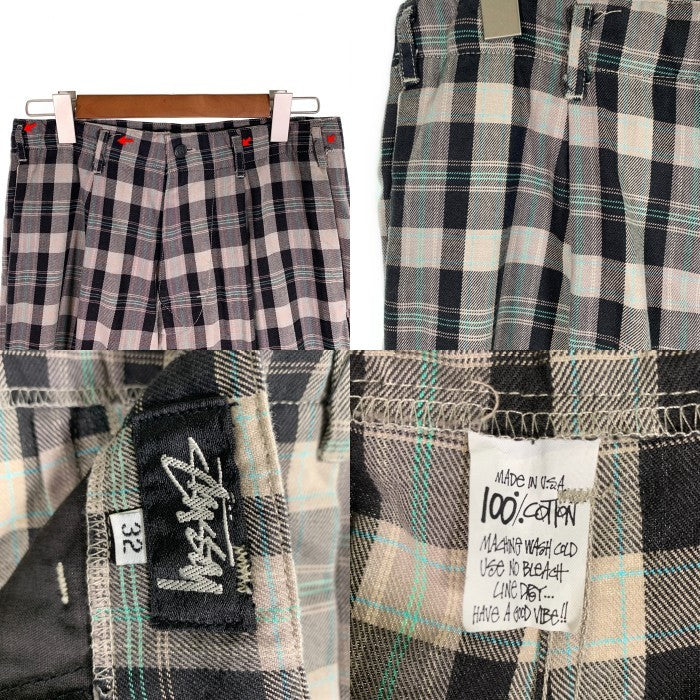 80's STUSSY ステューシー コットン チェック柄 1タックスラックス パンツ ブラック グレー USA製 黒タグ Size 32 福生店