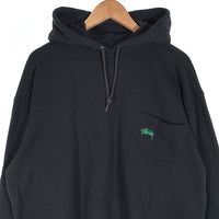80's STUSSY ステューシー プルオーバースウェットパーカー 胸ポケットロゴ刺繡 ブラック 裏起毛 USA製 黒タグ オールド 短丈ボックス Size L 福生店