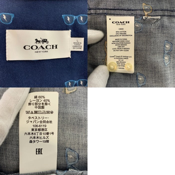 COACH コーチ コットン レーヨン ボタンダウン 半袖シャツ ネイビー サングラス柄 C3040 Size L 福生店