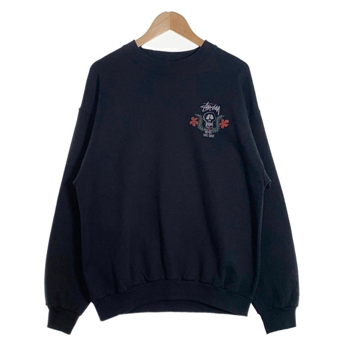 80's STUSSY ステューシー WORLD TRIBE Skull Crest スカルフラワープリント クルーネックスウェットトレーナー ブラック USA製 黒タグ Size L 福生店