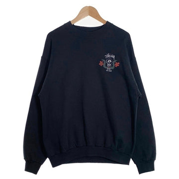 80's STUSSY ステューシー WORLD TRIBE Skull Crest スカルフラワープリント クルーネックスウェットトレーナー ブラック USA製 黒タグ Size L 福生店