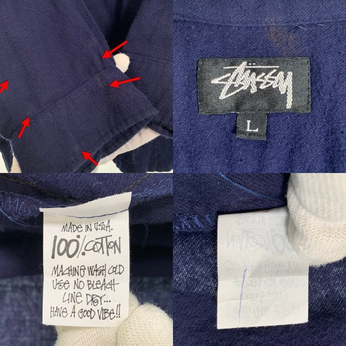 80's STUSSY ステューシー コットン オープンカラーフランネルシャツ プレーン ネイビー USA製 黒タグ Size L 福生店