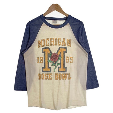 80's MICHIGAN ROSE BOWL 1983 ラグランスリーブカットソー 七分袖 ホワイト ネイビー Hanes USA製 Size L 福生店