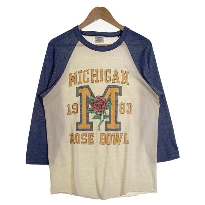 80's MICHIGAN ROSE BOWL 1983 ラグランスリーブカットソー 七分袖 ホワイト ネイビー Hanes USA製 Size L 福生店
