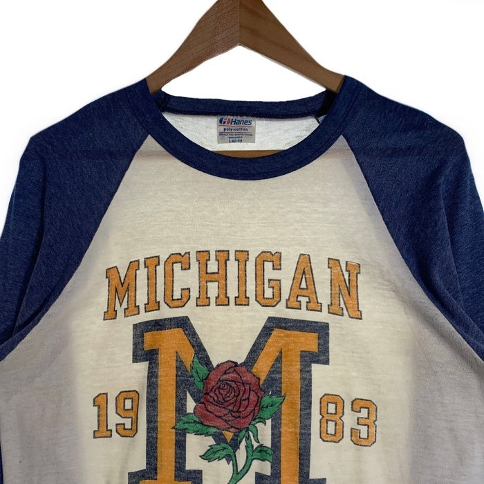 80's MICHIGAN ROSE BOWL 1983 ラグランスリーブカットソー 七分袖 ホワイト ネイビー Hanes USA製 Size L 福生店