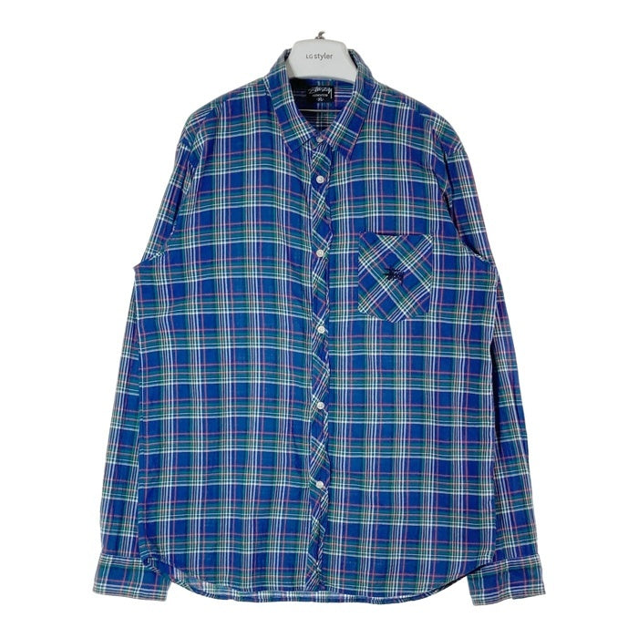 Stussy ステューシー マドラスチェック 胸ショーンフォント刺繍 長袖シャツ ブルー sizeXL 瑞穂店