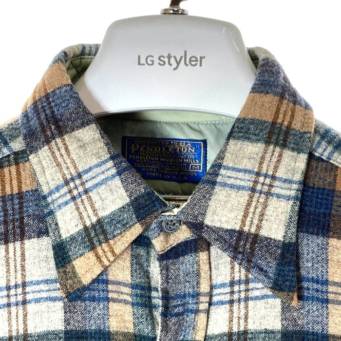 PENDLETON ペンドルトン 70's USA製 ウールシャツ 片ポケット ベージュxブルー sizeM 瑞穂店
