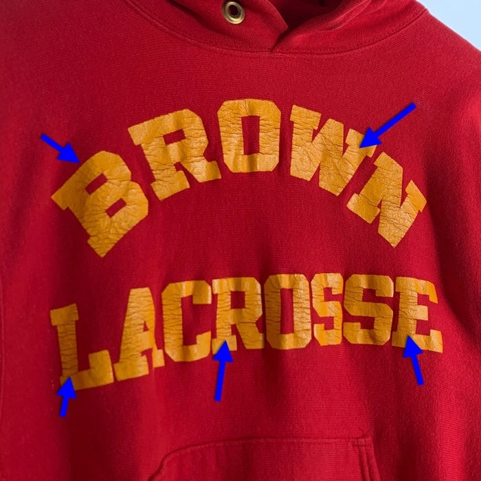 80's Champion チャンピオン BROWN LACROSSE ラバープリント リバースウィーブ プルオーバースウェットパーカー レッド Size S 福生店