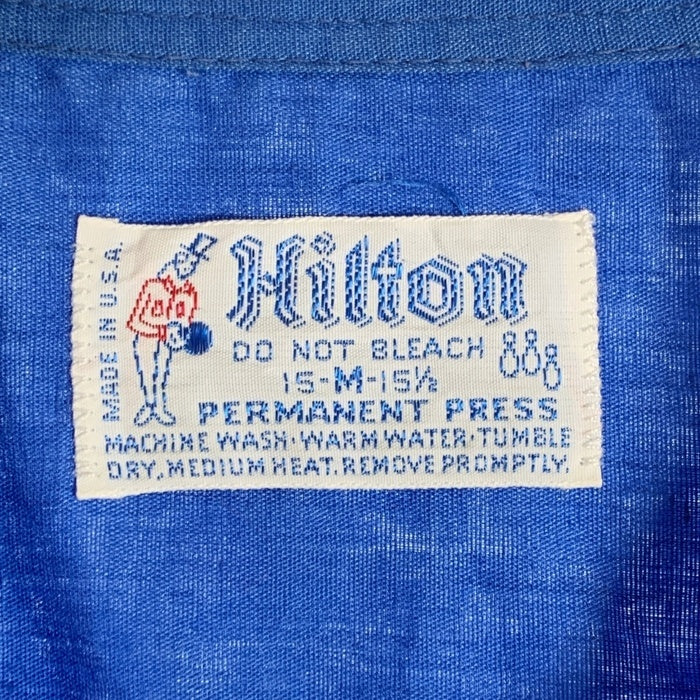 70's Hilton ヒルトン Bowling Shirt 半袖 ボーリングシャツ チェーンステッチ 刺繡 ブルー USA製 Size M 福生店