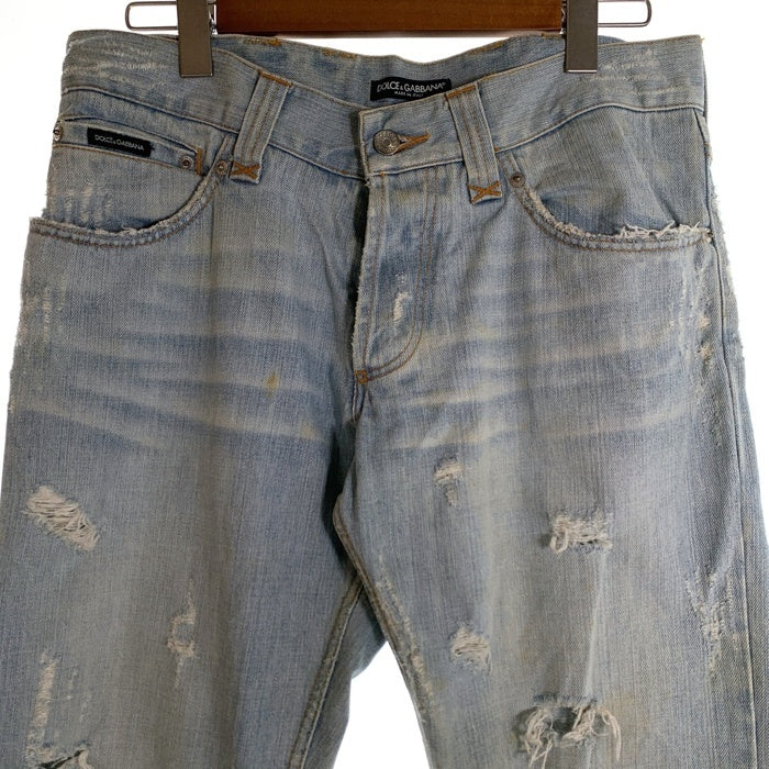 DOLCE&GABBANA ドルチェアンドガッバーナ クラッシュ デニムジーンズ ダメージ加工 レザーパッチ ライトブルー ZDP72/814N イタリア製 Size 48 福生店
