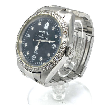 A BATHING APE アベイシングエイプ BAPEX ベイプックス B0708 G073 クリスタルベゼル 黒文字盤 腕時計 シルバー 瑞穂店