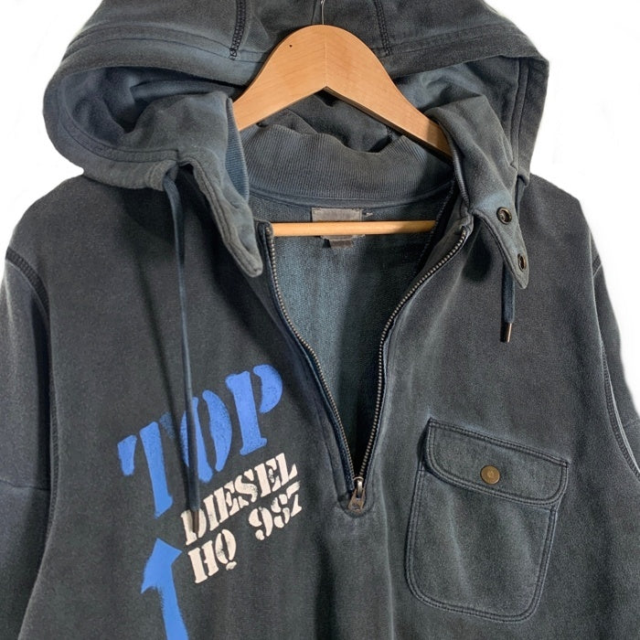 DIESEL ディーゼル Archive Half Zip Hoodie アーカイブ ハーフジップ フーディー プルオーバースウェットパーカー カーキ USED加工 Size L 福生店