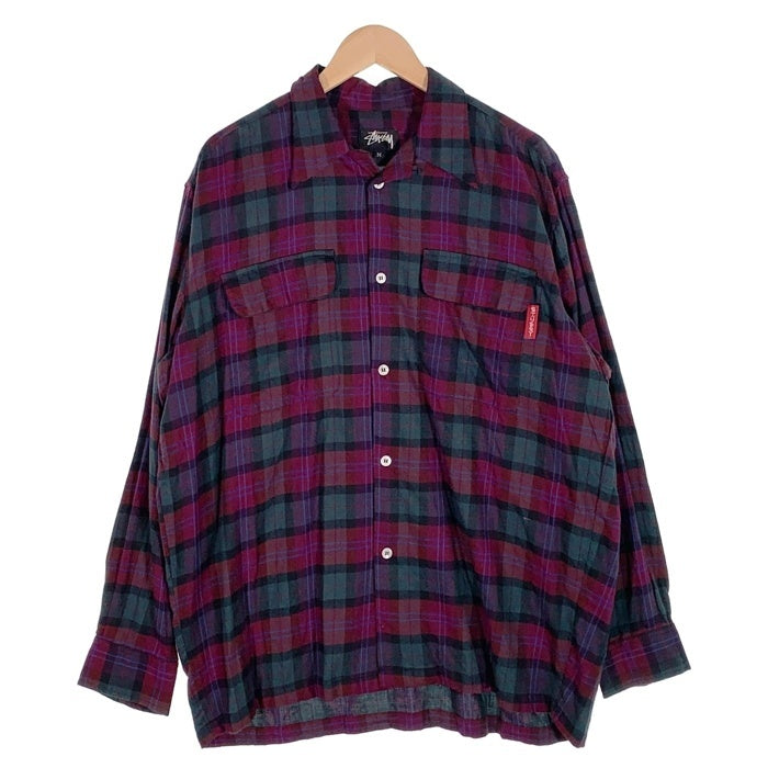 80's STUSSY ステューシー コットン オープンカラーフランネルチェックシャツ 長袖 パープル グリーン USA製 黒タグ Size M 福生店
