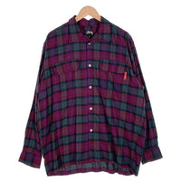 80's STUSSY ステューシー コットン オープンカラーフランネルチェックシャツ 長袖 パープル グリーン USA製 黒タグ Size M 福生店