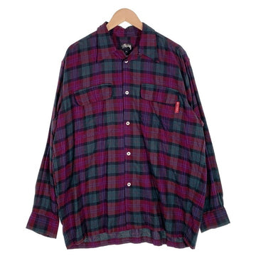 80's STUSSY ステューシー コットン オープンカラーフランネルチェックシャツ 長袖 パープル グリーン USA製 黒タグ Size M 福生店