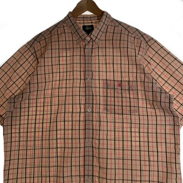 STUSSY ステューシー チェック柄 半袖 ボタンダウンシャツ ロゴ刺繡 ホワイト ピンク ブラウン Size L STUSSY ステューシー チェック柄 半袖 ボタンダウンシャツ ロゴ刺繡