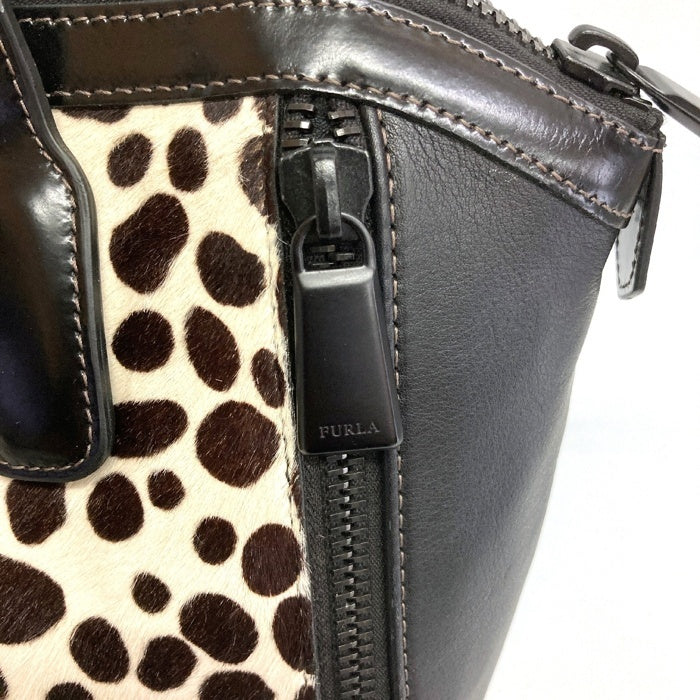 FURLA フルラ ダルメシアン ハラコ ハンドバッグ ブラック×オフホワイト 瑞穂店