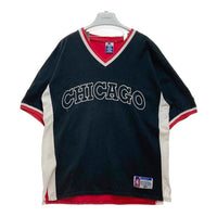90's~ Champion チャンピオン NBA CHICAGO BULLS シカゴ・ブルズ Vネック プルオーバートップス 半袖 ブラック レッド Size L 瑞穂店