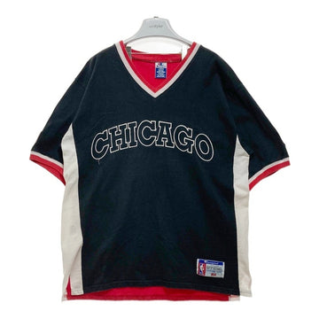 90's~ Champion チャンピオン NBA CHICAGO BULLS シカゴ・ブルズ Vネック プルオーバートップス 半袖 ブラック レッド Size L 瑞穂店