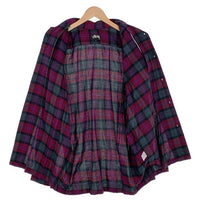 80's STUSSY ステューシー コットン オープンカラーフランネルチェックシャツ 長袖 パープル グリーン USA製 黒タグ Size M 福生店