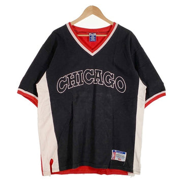 90's~ Champion チャンピオン NBA CHICAGO BULLS シカゴ・ブルズ Vネック プルオーバートップス 半袖 ブラック レッド Size L 福生店