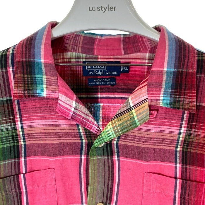 Polo Ralph Lauren ポロラルフローレン ANDY CAMP リネンコットン チェック 半袖 オープンカラーシャツ ピンク sizeXL 瑞穂店