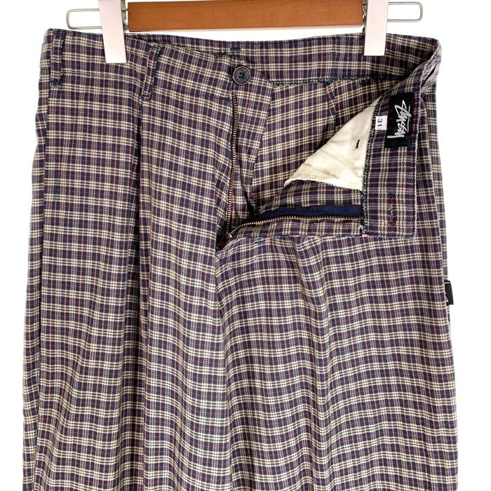 80's STUSSY ステューシー コットン チェック柄 1タックスラックス パンツ ベージュ ネイビー USA製 黒タグ Size 31 福生店